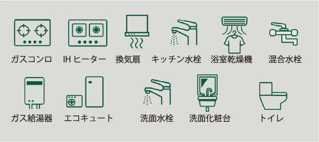 ガスコンロ IHヒーター 換気扇 キッチン水栓 浴室乾燥機 混合水栓 ガス給湯器 エコキュート 洗面推薦 洗面化粧台 トイレ