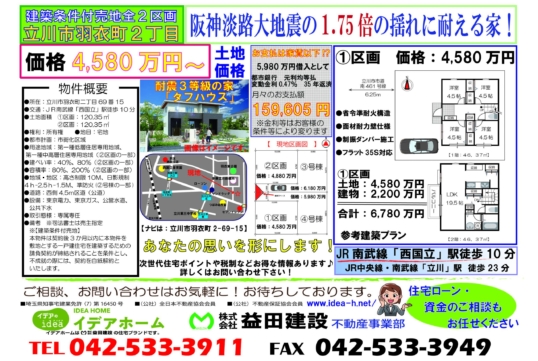【建築条件付売地】立川市羽衣町二丁目 ①区画 価格:4580万円