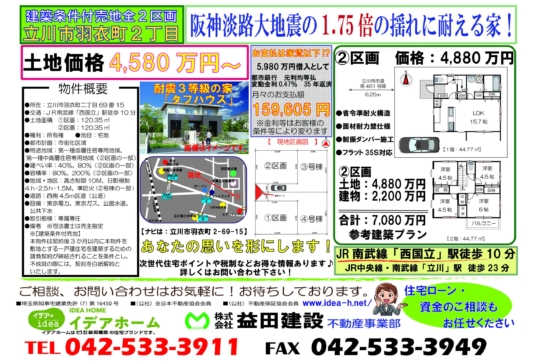 【建築条件付売地】立川市羽衣町二丁目 ②区画 価格:4880万円