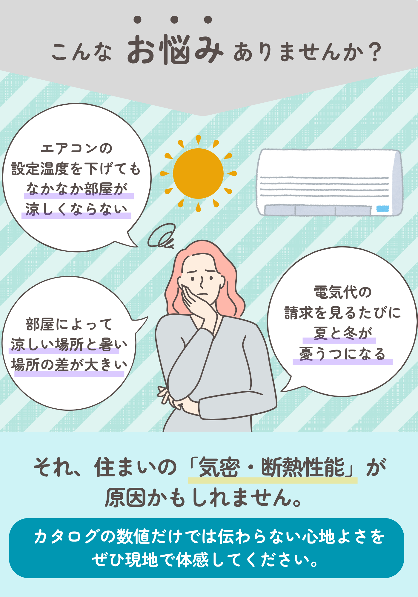 こんなお悩みありませんか？エアコンの設定温度を下げてもなかなか部屋が涼しくならない、電気代の請求を見るたびに夏と冬が憂うつになる、部屋によって涼しい場所と暑い場所の差が大きい。それ、住まいの気密・断熱性能が原因かもしれません。